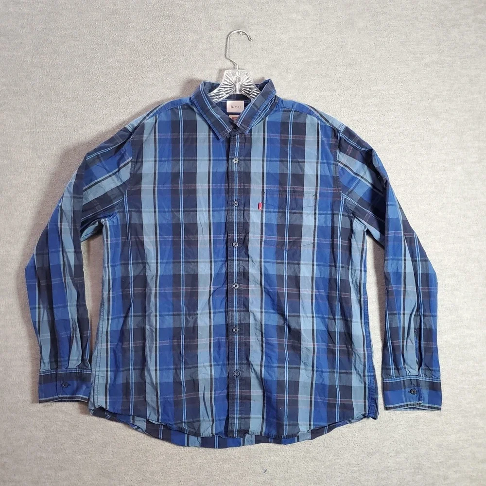Levi's Men Button‎ Up Shirt XL Blue Plaid Long Sleeve Pocket Casual